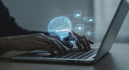 A person typing on a laptop with a digital brain and icons overlaid.