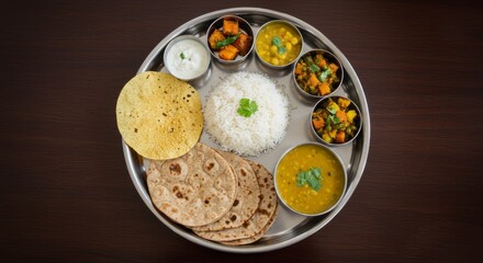 traditional Indian vegetarian thali on a wooden table