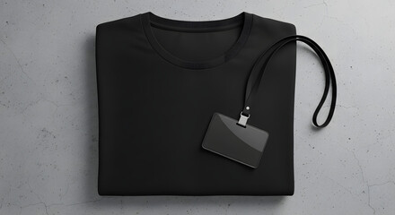 Blank black folded t-shirt with employee ID badge and lanyard. Corporate identity branding mockup template on a concrete surface.