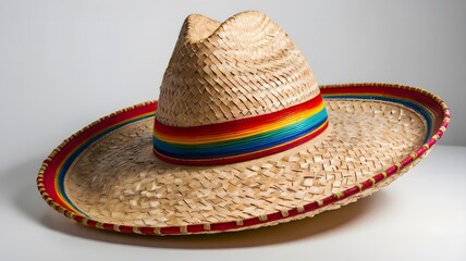 A classic woven straw sombrero with a vibrant, colorful rainbow ribbon band, isolated on a neutral background, a symbol of Mexican culture and festive celebration.