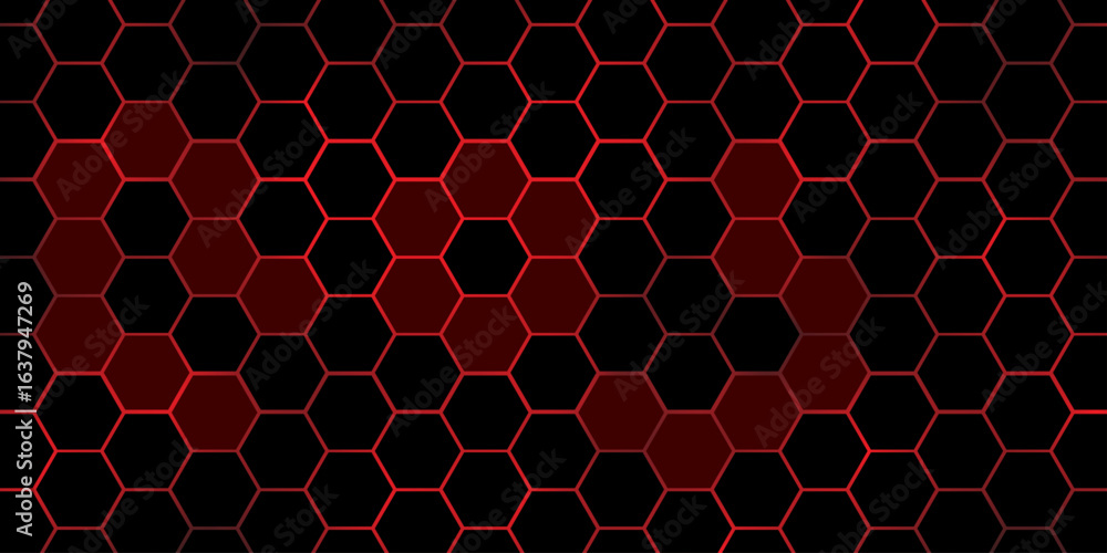 Poster futuristic red hexagon grid pattern on black background – modern tech vector art.
