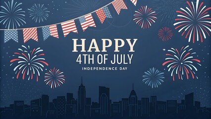 Happy 4th of july fireworks display over city skyline with american flags