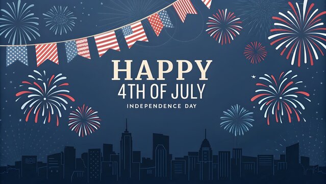 Happy 4th of july fireworks display over city skyline with american flags - Powered by Adobe