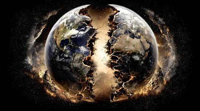 Shattered planet earth amidst cosmic destruction.