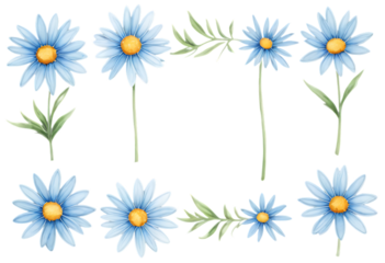 bouquet of blue flowers. blue flower border. Watercolor blue flower. green flower with green leaves. floral frame and background. flower border illustration set. Watercolor floral. PNG, transparent