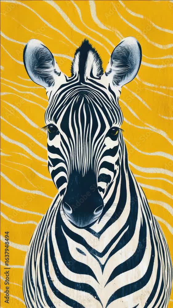 Aufkleber a zebra is staring at the camera. the zebra is black and white. the zebra is in front of a yellow ba