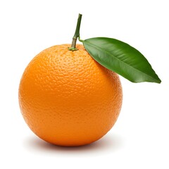Fresh orange fruit with a vibrant green leaf, isolated on white background.