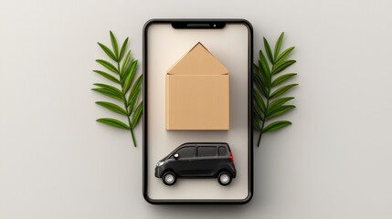 Minimalist Smartphone Displaying Wooden House and Black Car Model