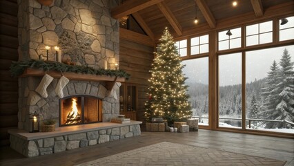 Cozy log cabin living room with fireplace and christmas tree overlooking snowy forest