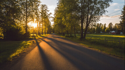Obraz premium Sunset over a quiet country road with warm golden tones and long tree shadows.