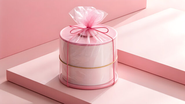 Elegant Pink Gift Box with Ribbon Bow and Cellophane Wrap, Ready for Celebration