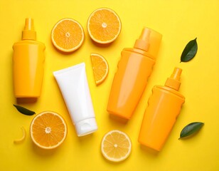 Fresh layout of white skincare products with fresh orange slices on a bright yellow background for a cheerful, energetic vibe.