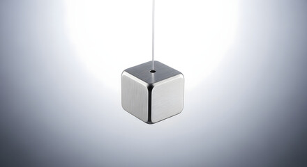 Minimalist conceptual image of a single silver cube pendulum symbolizing balance, gravity, and precision in science and technology.