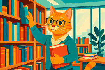 Cat librarian organizing books in stylish modern library, colorful educational ad style