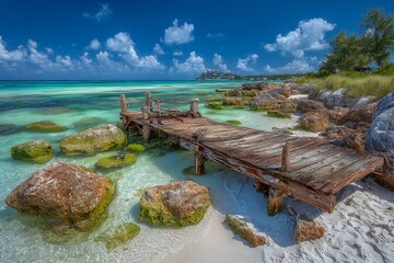 Dilapidated Wooden Pier on Turquoise Tropical Beach with Coastal Scene, and Sunny Day.