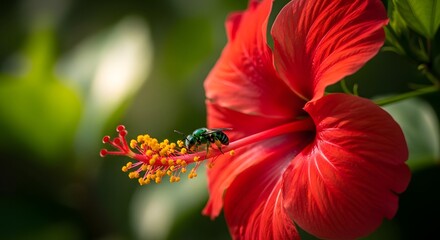 Vibrant Green Bee Pollinates Red Hibiscus Flower Macro