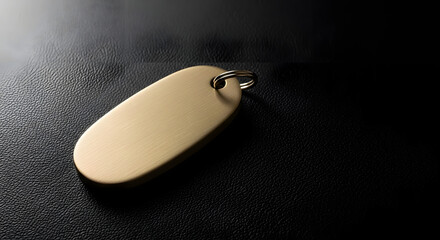 Premium blank oval gold-colored metal key tag with ring, perfect for custom engraving, branding mockups, or as a hotel key fob on a black surface.