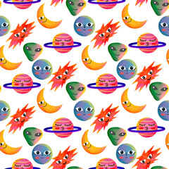 seamless pattern design with cute and colorful cartoon illustrations of the moon and space aliens