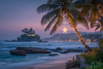 Dusk in Paradise Tropical Beach Scene with Palm Trees with Star Decoration, and Sri Lanka.