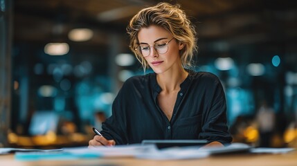Hybrid work efficiency as a professional woman analyzes financial data with tablet and stylus in a modern home office setting