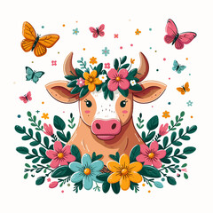 Cow with a flower crown surrounded by colorful butterflies and blooming flowers in a cheerful garden setting