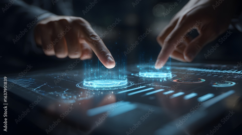 Poster Two hands interact with a futuristic touch screen interface.