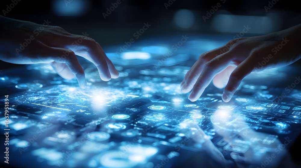 Poster hands interacting with a futuristic touch screen display.