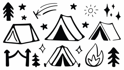 Illustration of camping elements with tents, stars, trees, fire and sun in black and white style