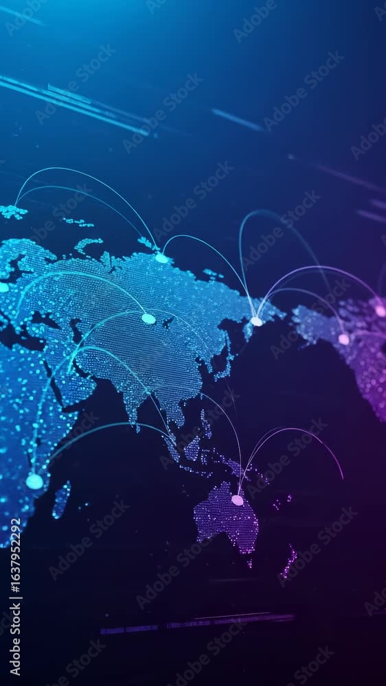 Poster global connectivity illustrated: a digital world map highlights worldwide network connections and da