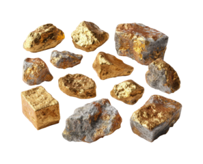 Gold nugget collection mining site natural resources aerial view, isolated on transparent background, png