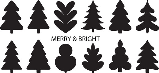 Black silhouette Christmas trees and festive shapes on white background vector