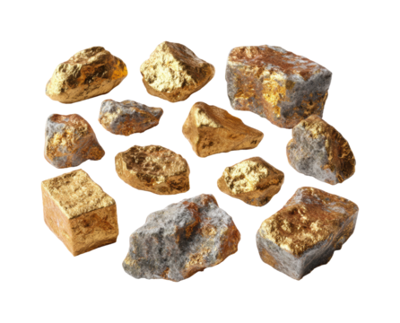 Gold nugget collection mining site natural resources aerial view, isolated on transparent background, png