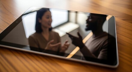 Fototapeta premium Work Mirrored: An Artistic Reflection of a Collaborating Couple on a Tablet Screen.