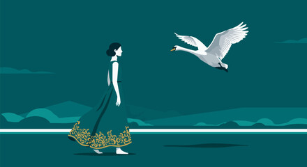 Woman and Seagull by the Ocean