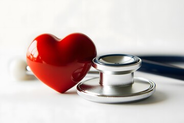 Red heart and stethoscope on a white surface, symbolizing heart health and medical checkups, ideal for healthcare and wellness concepts