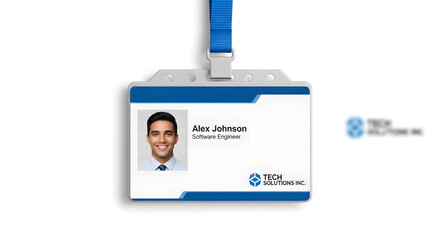 Mockup of a corporate employee identification card with a photo and blue lanyard, displayed on a clean white background