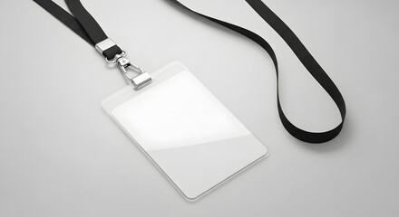 Blank vertical ID card and black lanyard mockup on a plain background for corporate branding and event access.