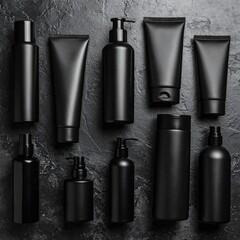 Fototapeta premium Stylish black cosmetic packaging set with bottles, jars, and boxes on dark textured background.