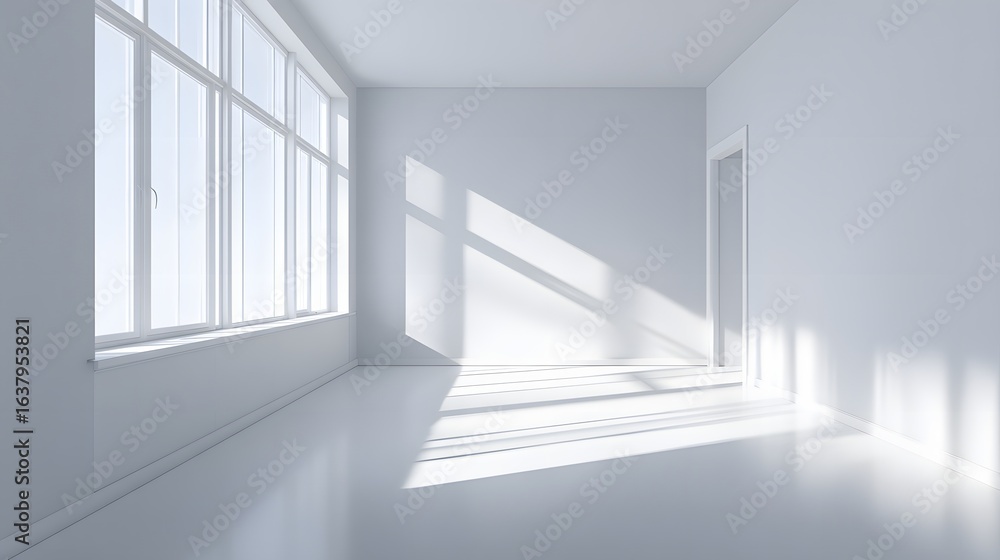 Poster empty room with large window and sunlight streaming in.