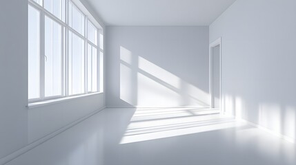 Fototapeta premium Empty room with large window and sunlight streaming in.