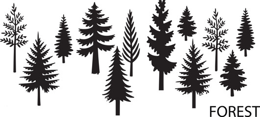 Black silhouette pine trees and forest text on white background nature evergreen