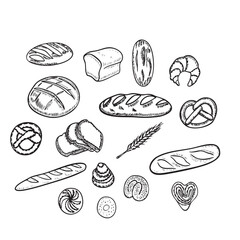 Vector bread set featuring various bakery items including baguette, loaf, croissant, pretzel, and rolls. Detailed hand-drawn style, perfect for bakery branding, menus, packaging, and culinary designs.