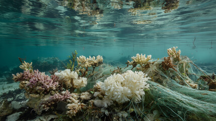 A powerful environmental narrative showing a bleached coral reef damaged by a discarded fishing net.