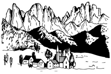 Hand-drawn village in the Alps. Vector sketch  illustration.