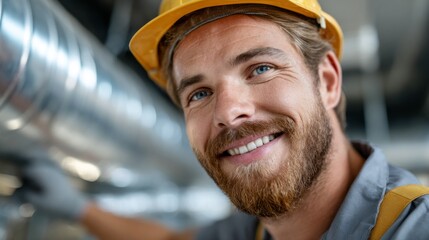 Technician works on installing a ceiling air unit in a commercial setting. Wearing safety gear, he carefully handles equipment to ensure proper placement and functionality.