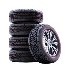 Stacked car tires for sale in a garage product display, isolated on transparent background, png