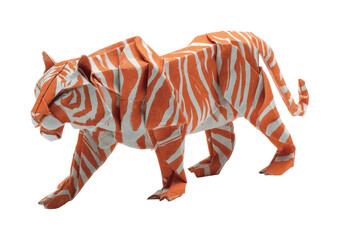 Origami tiger sculpture exhibition paper craft view, isolated on transparent background, png
