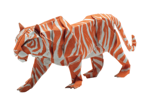 Origami tiger sculpture exhibition paper craft view, isolated on transparent background, png
