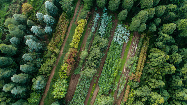 An aerial top-down view of a productive agroforestry system with diverse crops and trees.