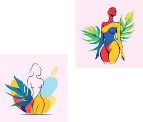 Vsai colorful women posing with tropical leaves, body positivity and self acceptance